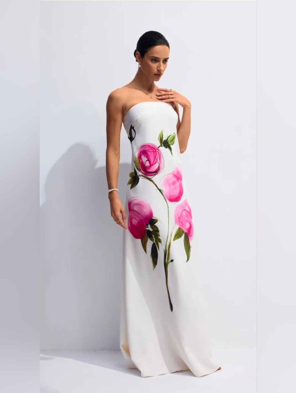 Floral Print Strapless White Maxi Dress